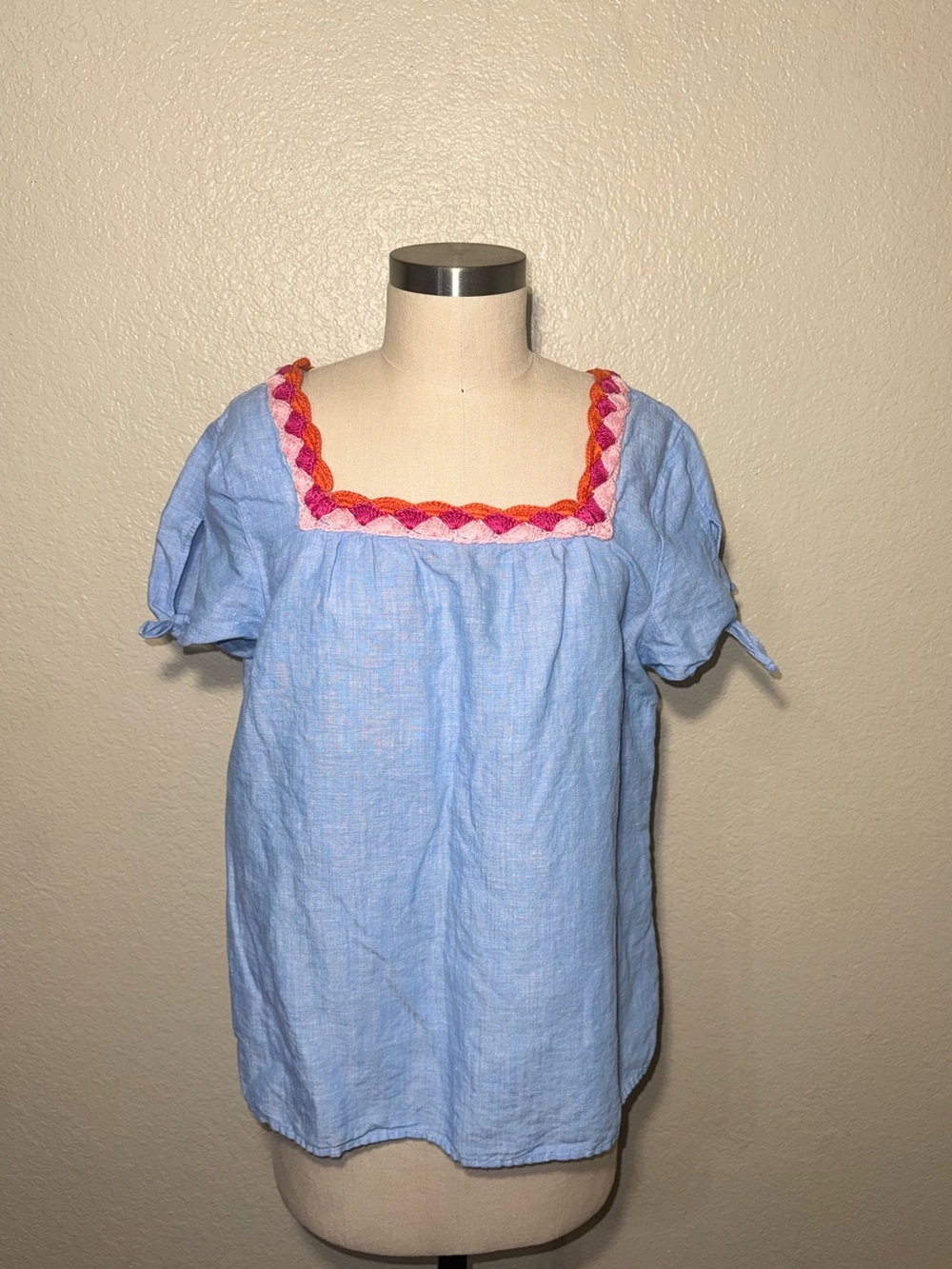 Talbots Linen Blend Crochet Trim Square Neck Boho Blouse Blue Petite LP